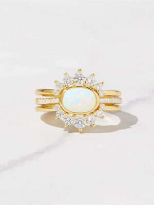 Silver Opal Engagement Ring 3pcs Set